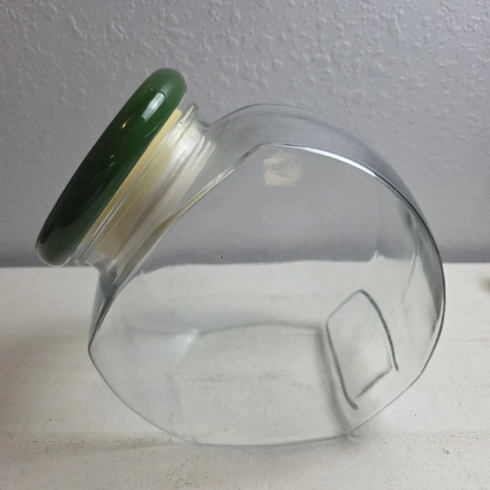 Vintage Glass Slant Cookie Jar‎ Hand Painted Apple Checkered Lid Airtight Seal